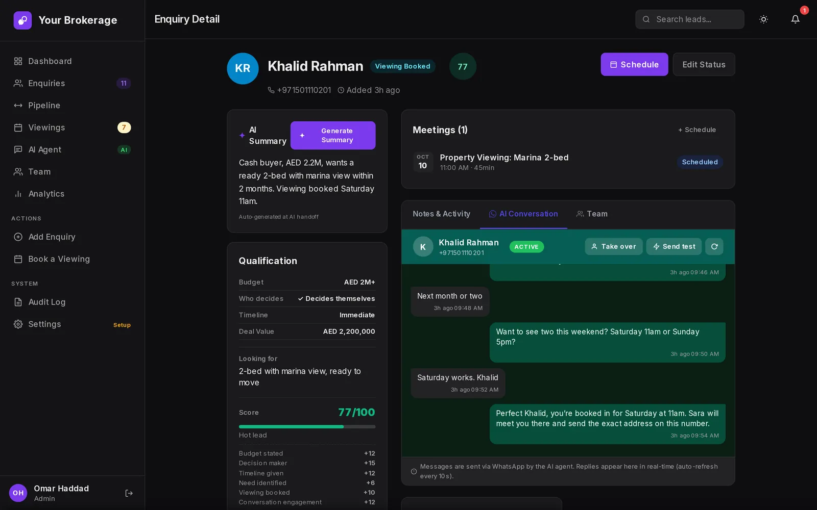 Enquiry detail with AI summary and the WhatsApp conversation