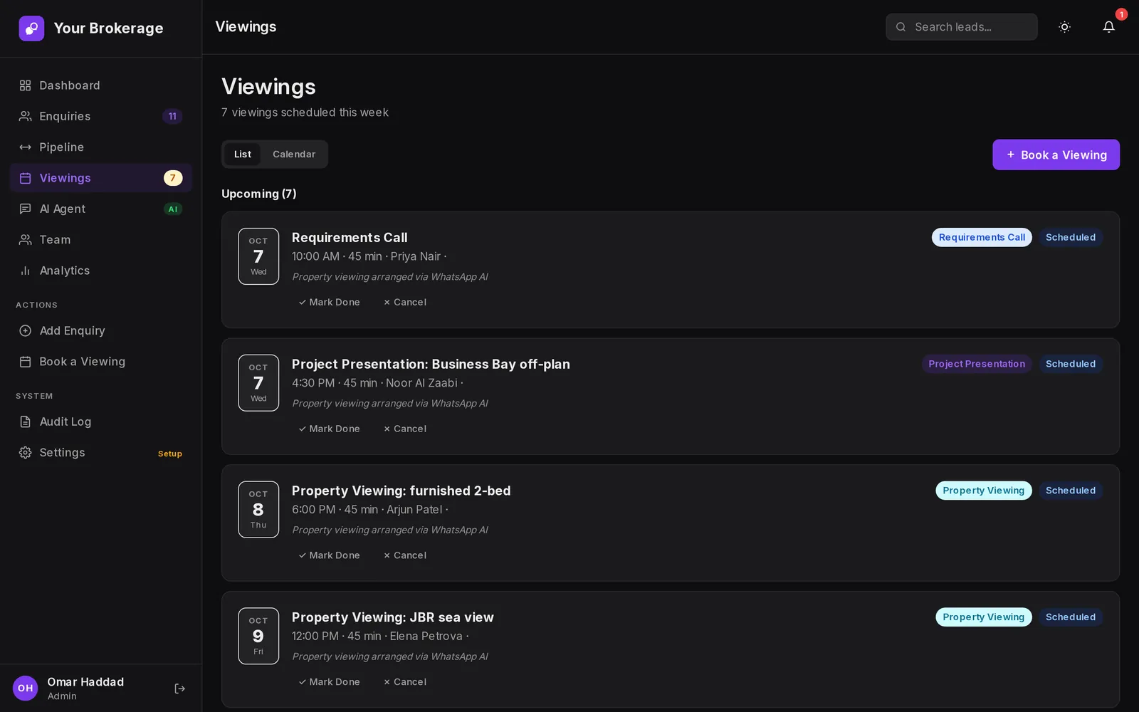 Viewings calendar with bookings made by the AI